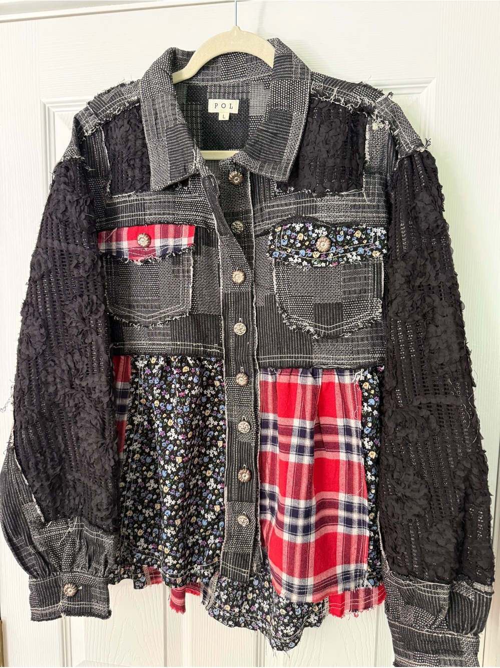 POL Patchwork Black Gray Jacket with Red Plaid & Floral Panels - Picture 2 of 7